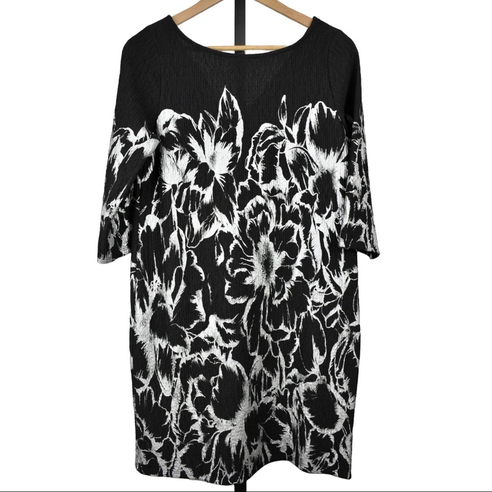 Leota Black Silver Metallic Floral Print Dress lagenlook textured